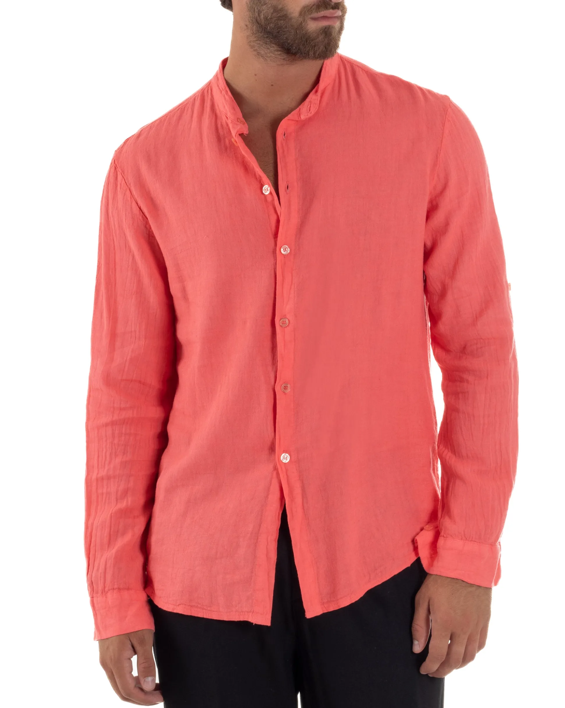 Camicia Lino Slim Fit Collo Coreano Corallo C3043A