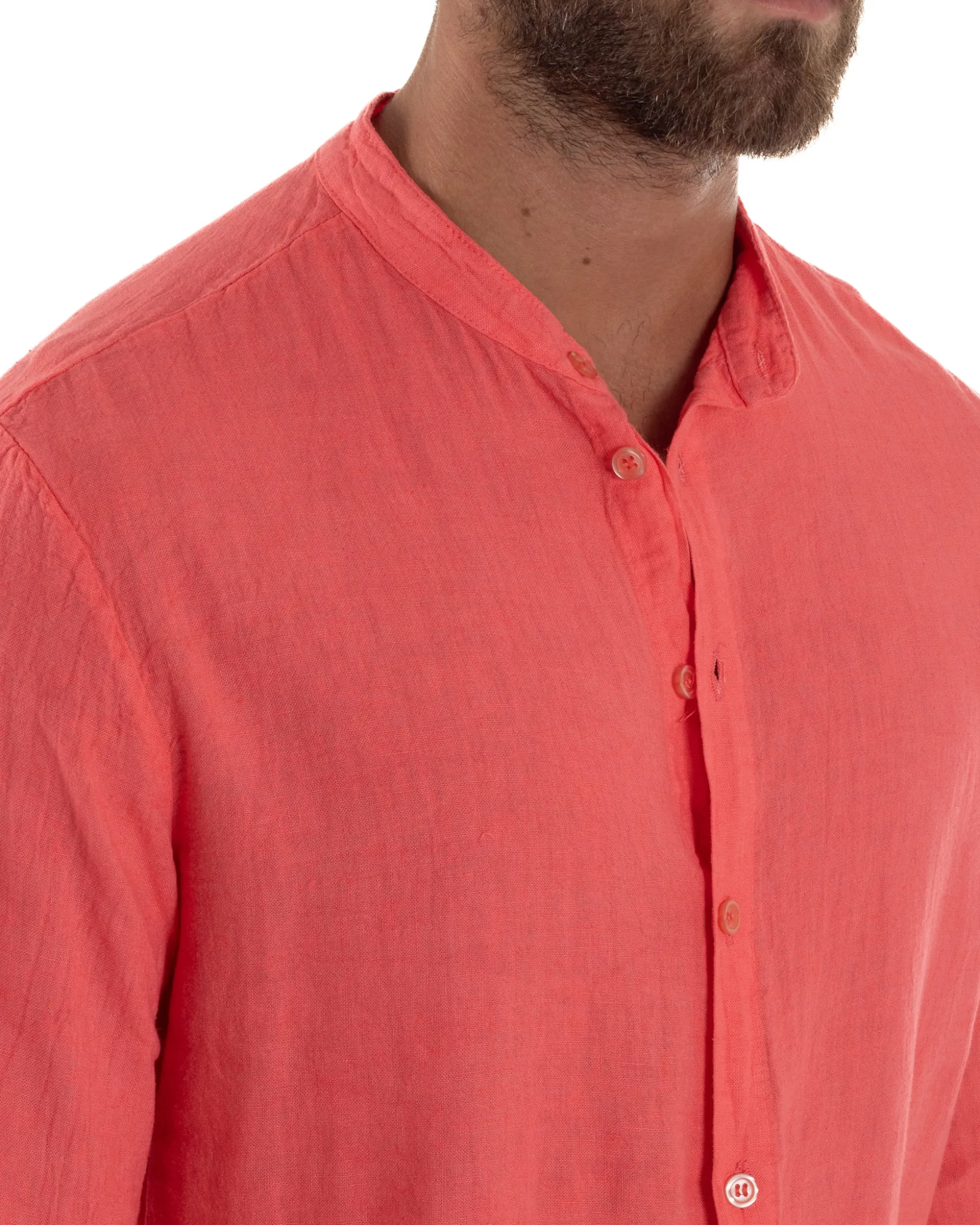 Camicia Lino Slim Fit Collo Coreano Corallo C3043A