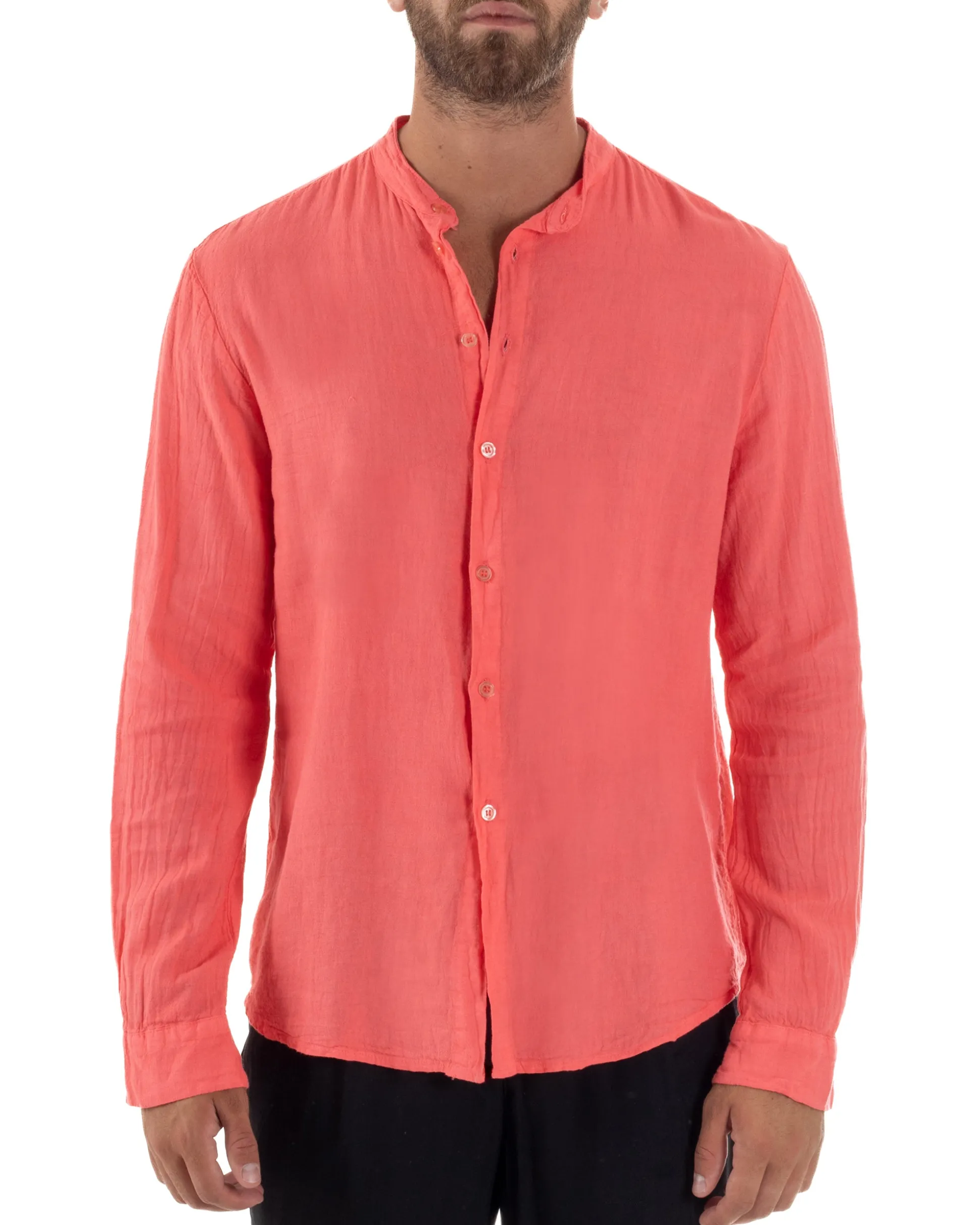 Camicia Lino Slim Fit Collo Coreano Corallo C3043A