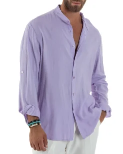 Camicia Lino Slim Fit Collo Coreano Lilla C3054A