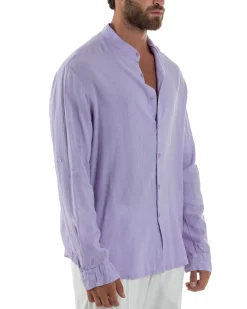 Camicia Lino Slim Fit Collo Coreano Lilla C3054A