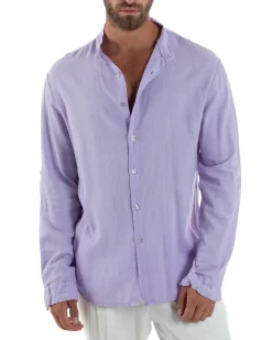 Camicia Lino Slim Fit Collo Coreano Lilla C3054A