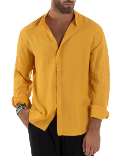 Camicia Lino Slim Fit Collo Coreano Senape C3045A