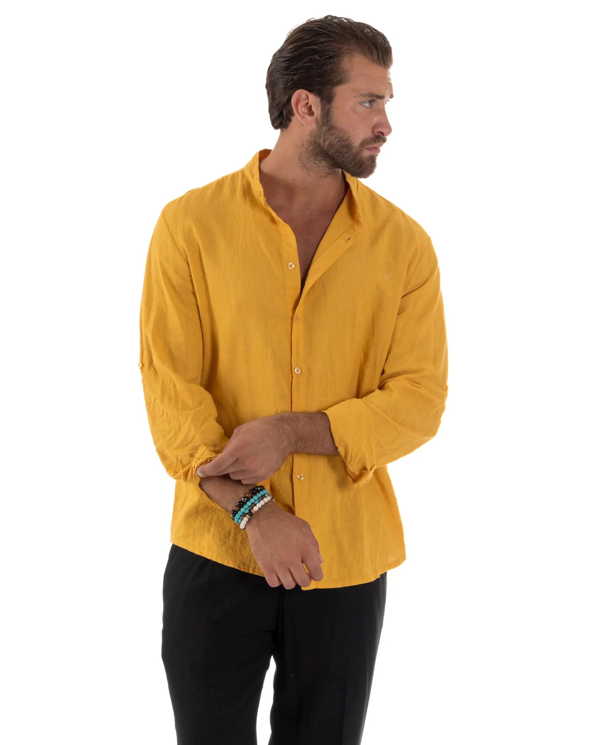 Camicia Lino Slim Fit Collo Coreano Senape C3045A