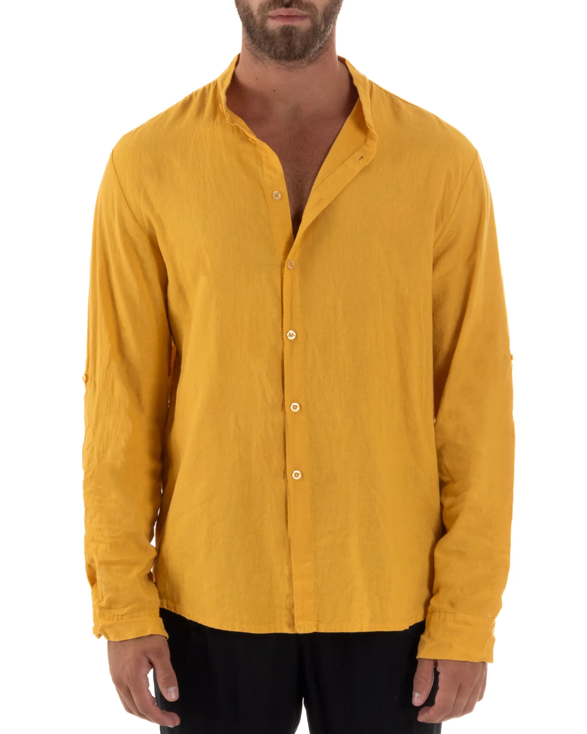 Camicia Lino Slim Fit Collo Coreano Senape C3045A