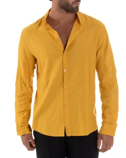 Camicia Lino Slim Fit Collo Coreano Senape C3045A
