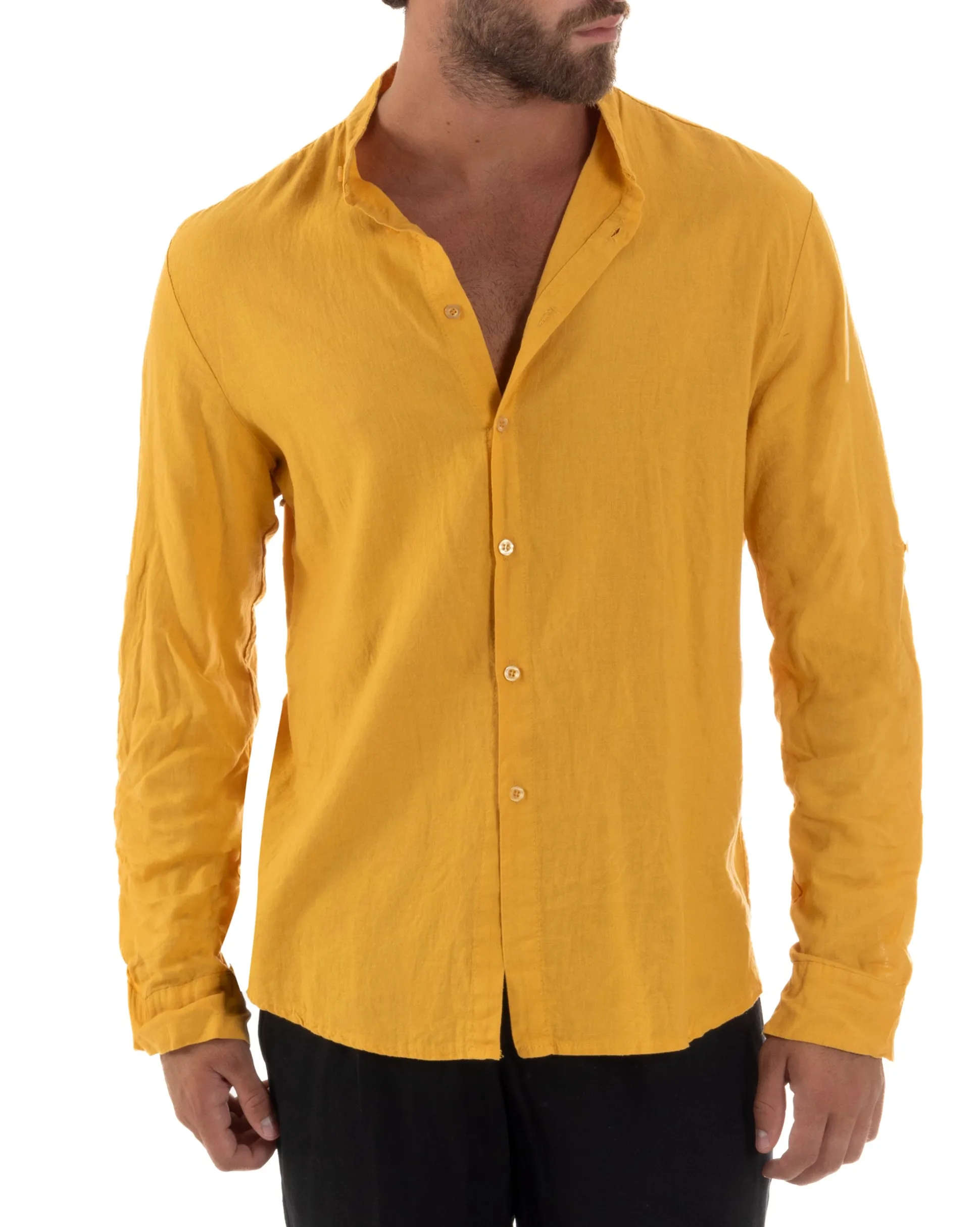 Camicia Lino Slim Fit Collo Coreano Senape C3045A