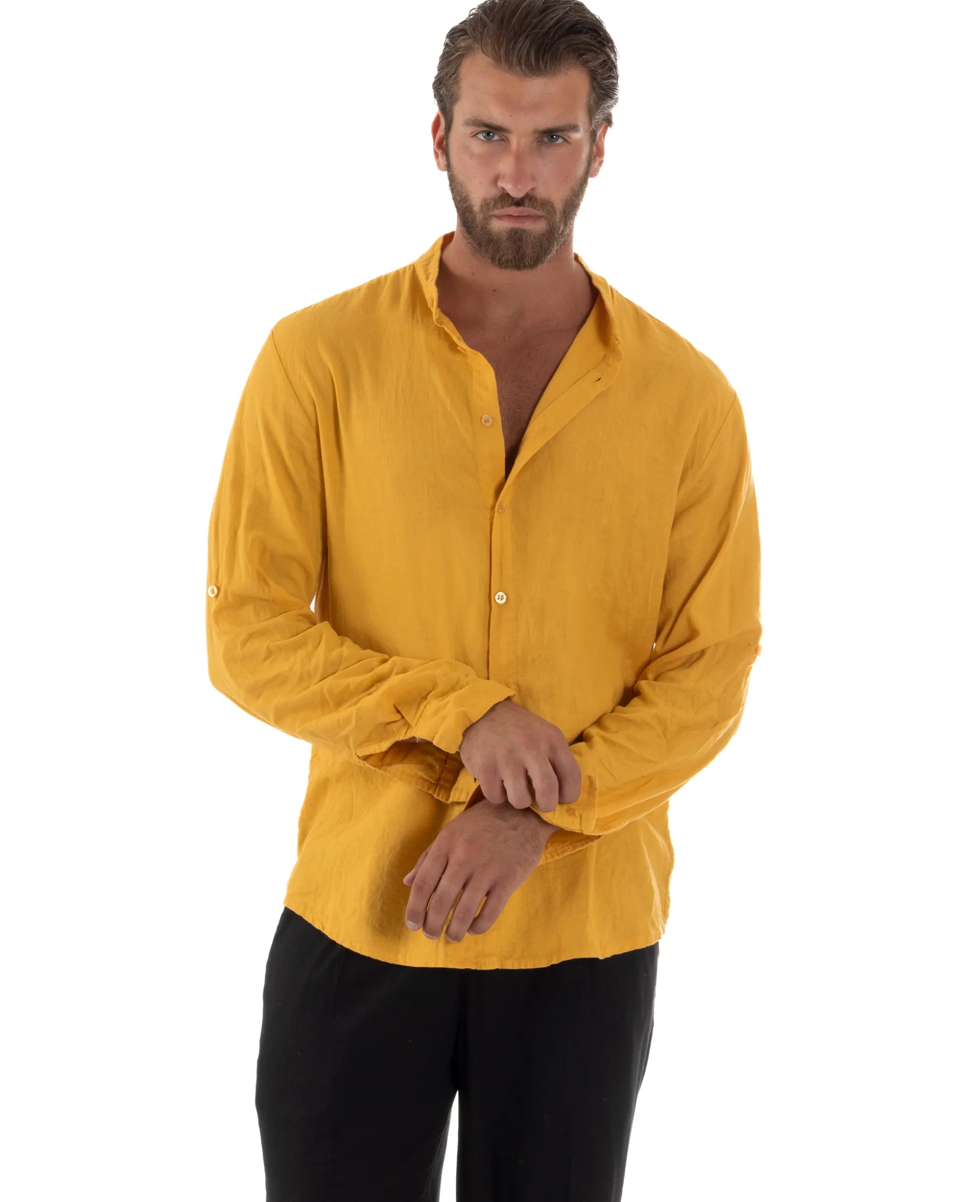 Camicia Lino Slim Fit Collo Coreano Senape C3045A