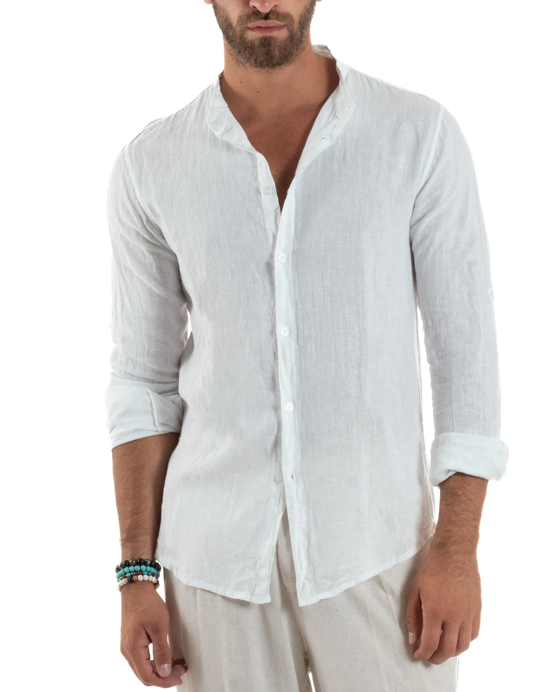 Camicia Lino Slim Fit Collo Coreano Bianco C3049A