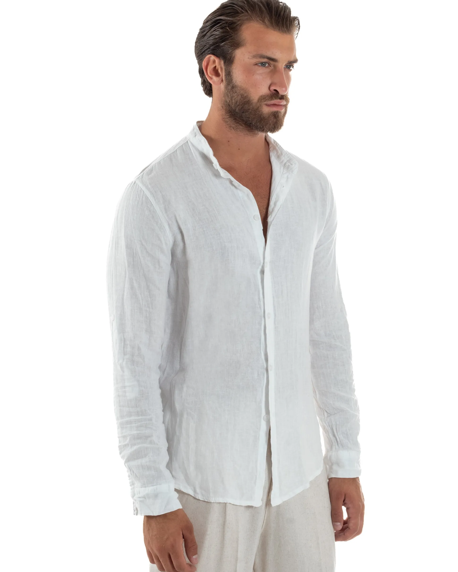 Camicia Lino Slim Fit Collo Coreano Bianco C3049A