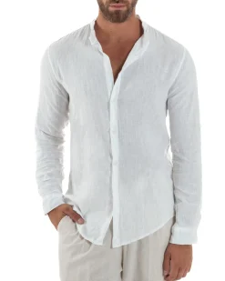 Camicia Lino Slim Fit Collo Coreano Bianco C3049A