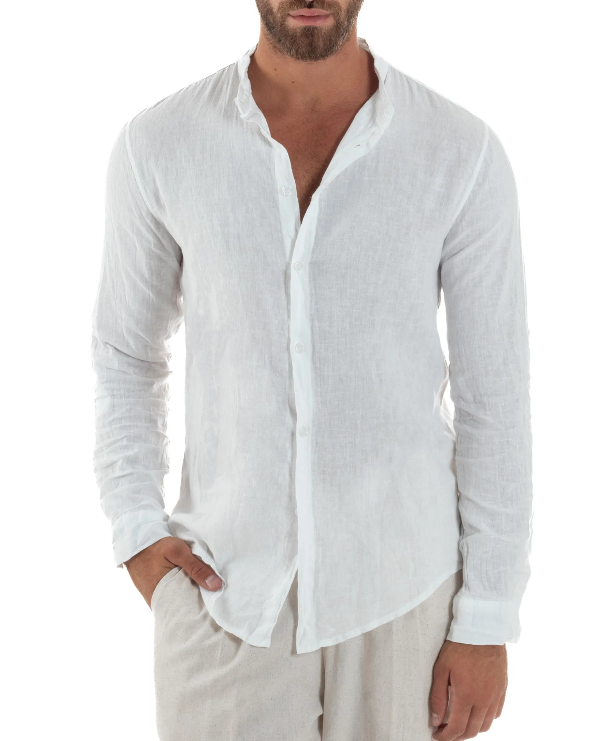 Camicia Lino Slim Fit Collo Coreano Bianco C3049A