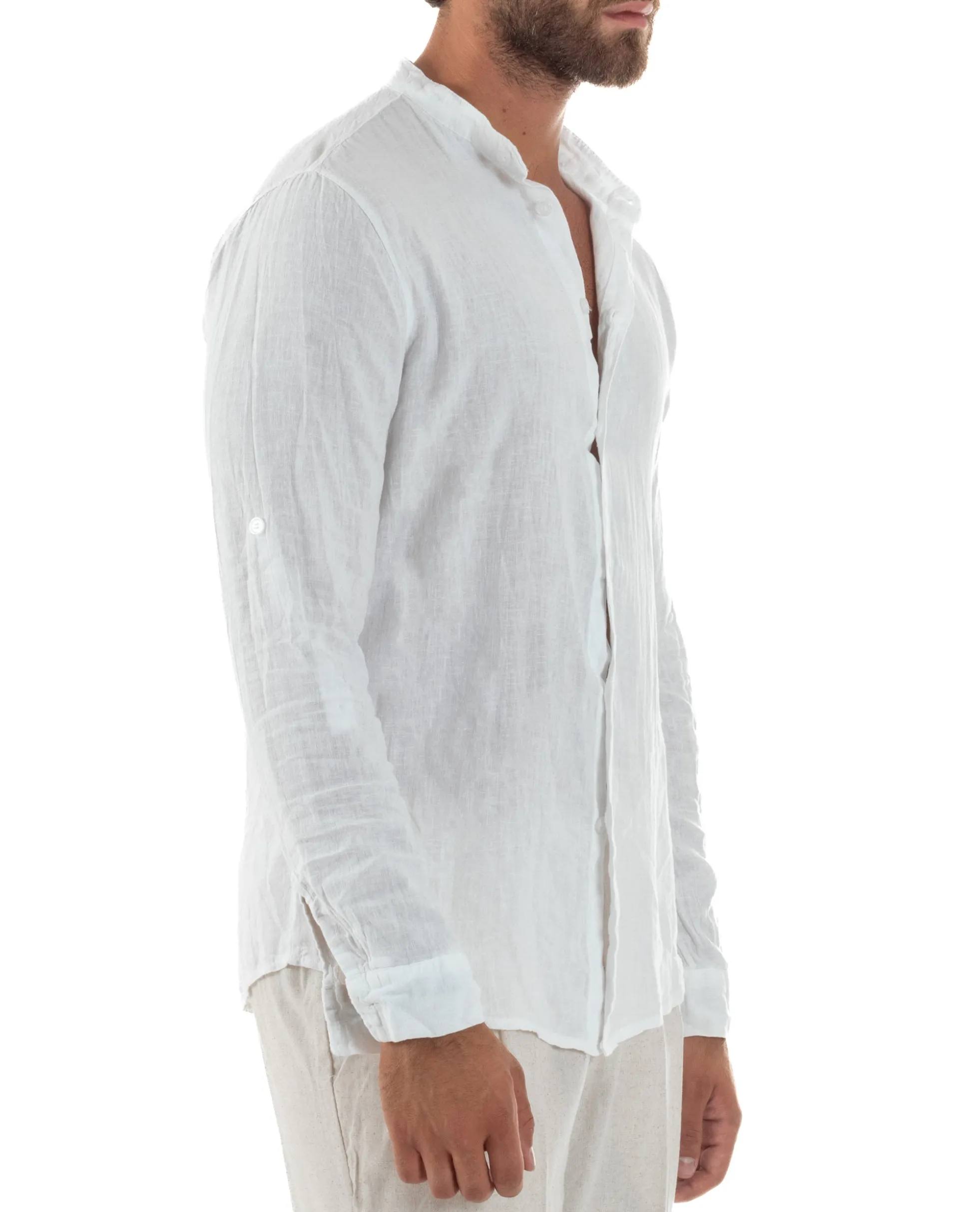 Camicia Lino Slim Fit Collo Coreano Bianco C3049A