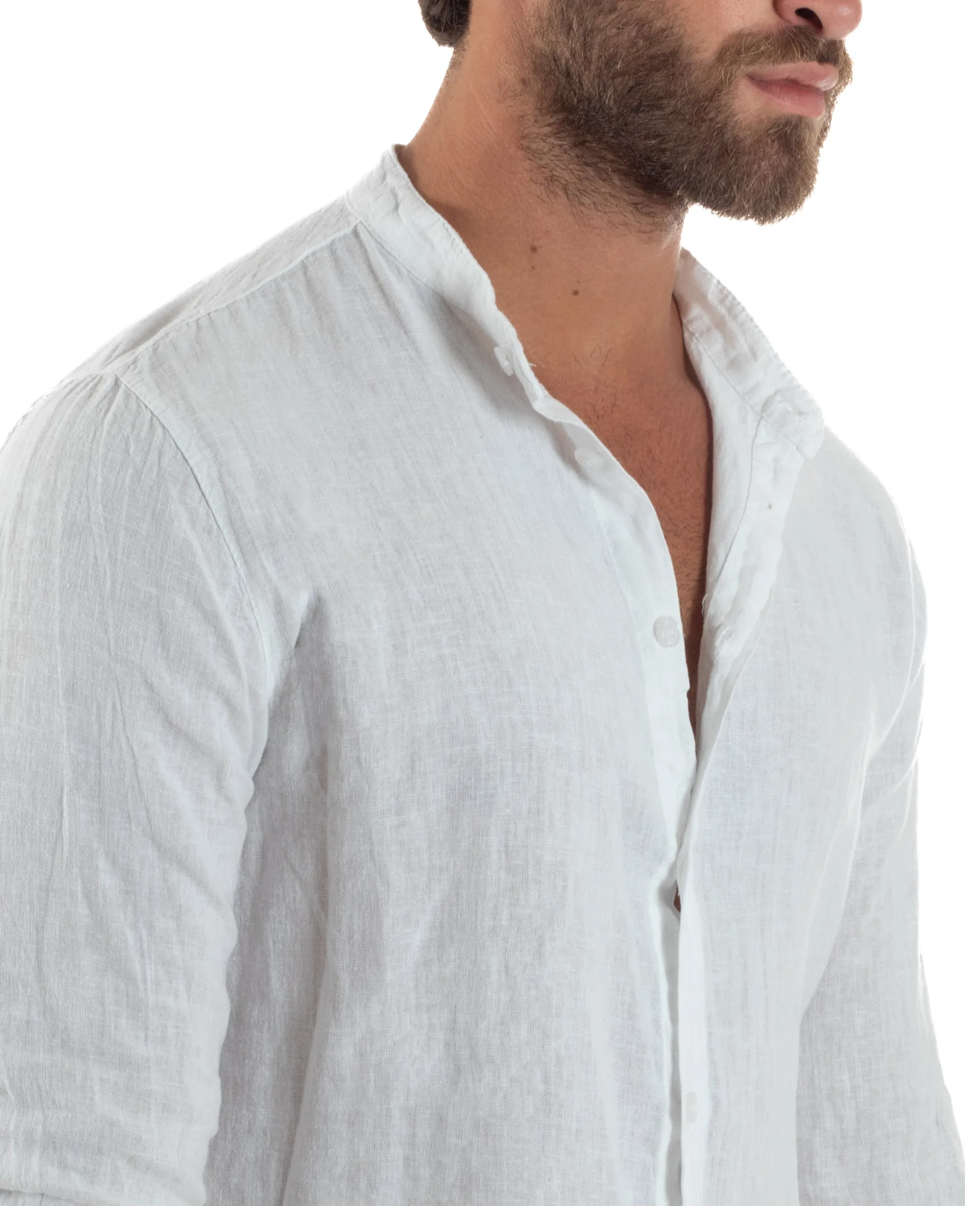 Camicia Lino Slim Fit Collo Coreano Bianco C3049A