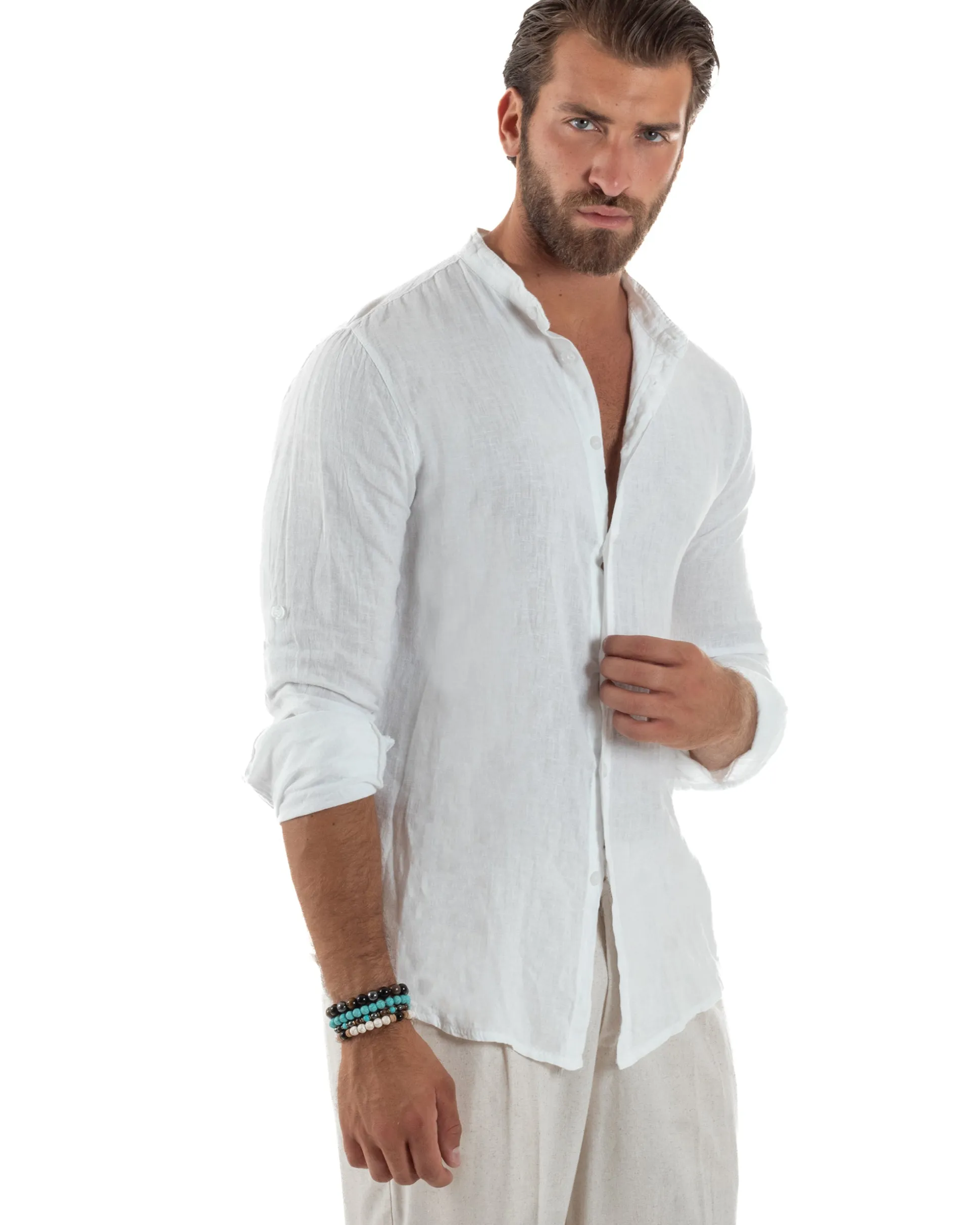 Camicia Lino Slim Fit Collo Coreano Bianco C3049A