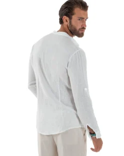 Camicia Lino Slim Fit Collo Coreano Bianco C3049A