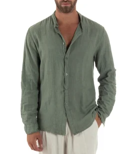 Camicia Lino Slim Fit Collo Coreano Verde Militare C3055A