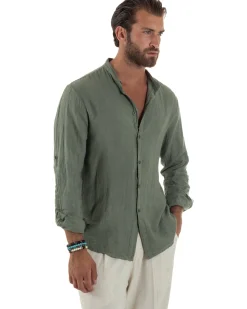 Camicia Lino Slim Fit Collo Coreano Verde Militare C3055A