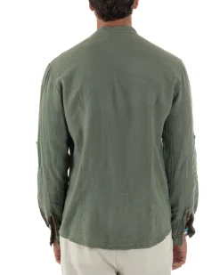 Camicia Lino Slim Fit Collo Coreano Verde Militare C3055A