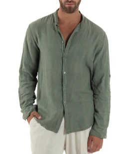 Camicia Lino Slim Fit Collo Coreano Verde Militare C3055A