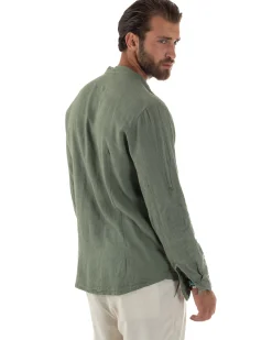 Camicia Lino Slim Fit Collo Coreano Verde Militare C3055A