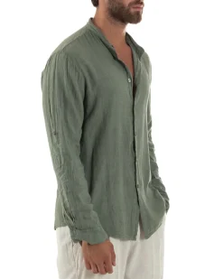 Camicia Lino Slim Fit Collo Coreano Verde Militare C3055A