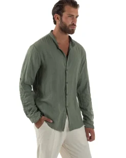 Camicia Lino Slim Fit Collo Coreano Verde Militare C3055A