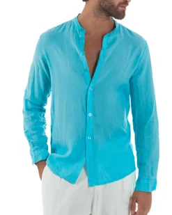 Camicia Lino Slim Fit Collo Coreano Turchese C3053A