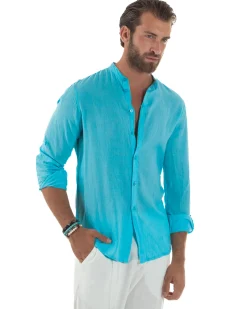 Camicia Lino Slim Fit Collo Coreano Turchese C3053A