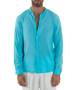 Camicia Lino Slim Fit Collo Coreano Turchese C3053A