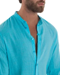 Camicia Lino Slim Fit Collo Coreano Turchese C3053A