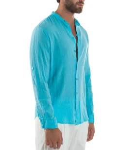 Camicia Lino Slim Fit Collo Coreano Turchese C3053A