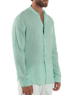 Camicia Lino Slim Fit Collo Coreano Verde Acqua C3052A