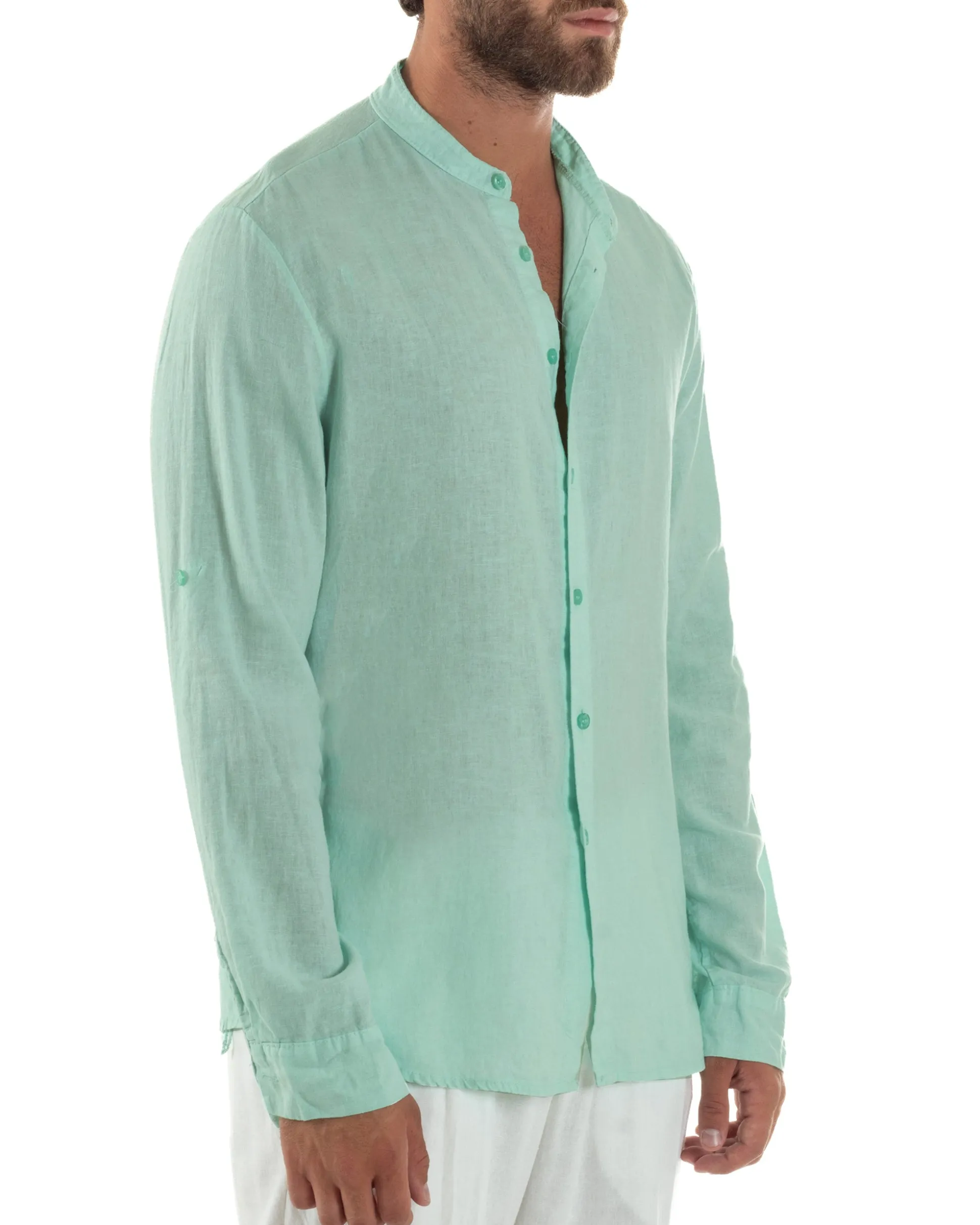Camicia Lino Slim Fit Collo Coreano Verde Acqua C3052A