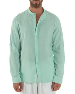 Camicia Lino Slim Fit Collo Coreano Verde Acqua C3052A
