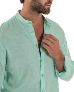 Camicia Lino Slim Fit Collo Coreano Verde Acqua C3052A