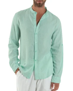 Camicia Lino Slim Fit Collo Coreano Verde Acqua C3052A