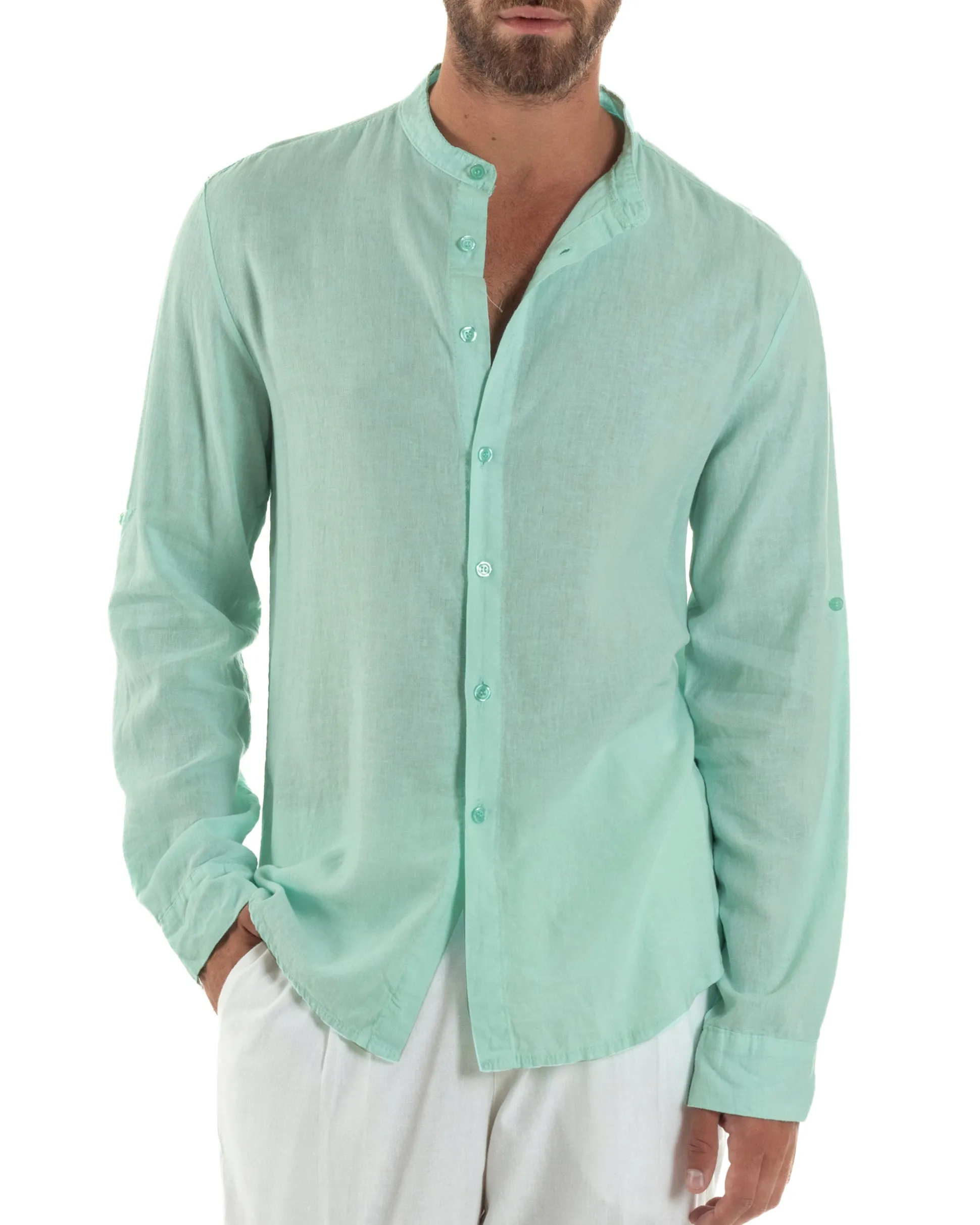 Camicia Lino Slim Fit Collo Coreano Verde Acqua C3052A