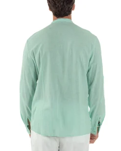 Camicia Lino Slim Fit Collo Coreano Verde Acqua C3052A