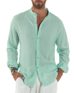 Camicia Lino Slim Fit Collo Coreano Verde Acqua C3052A