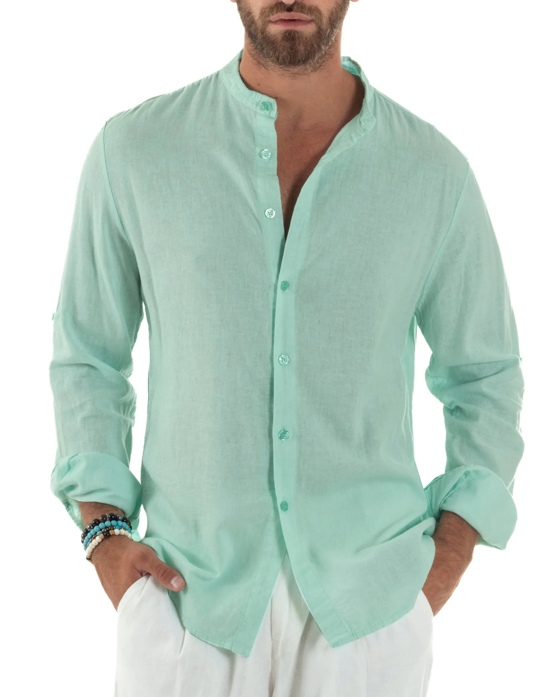 Camicia Lino Slim Fit Collo Coreano Verde Acqua C3052A