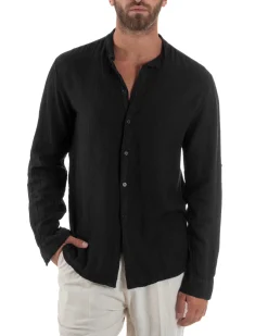 Camicia Lino Slim Fit Collo Coreano Nero C3048A