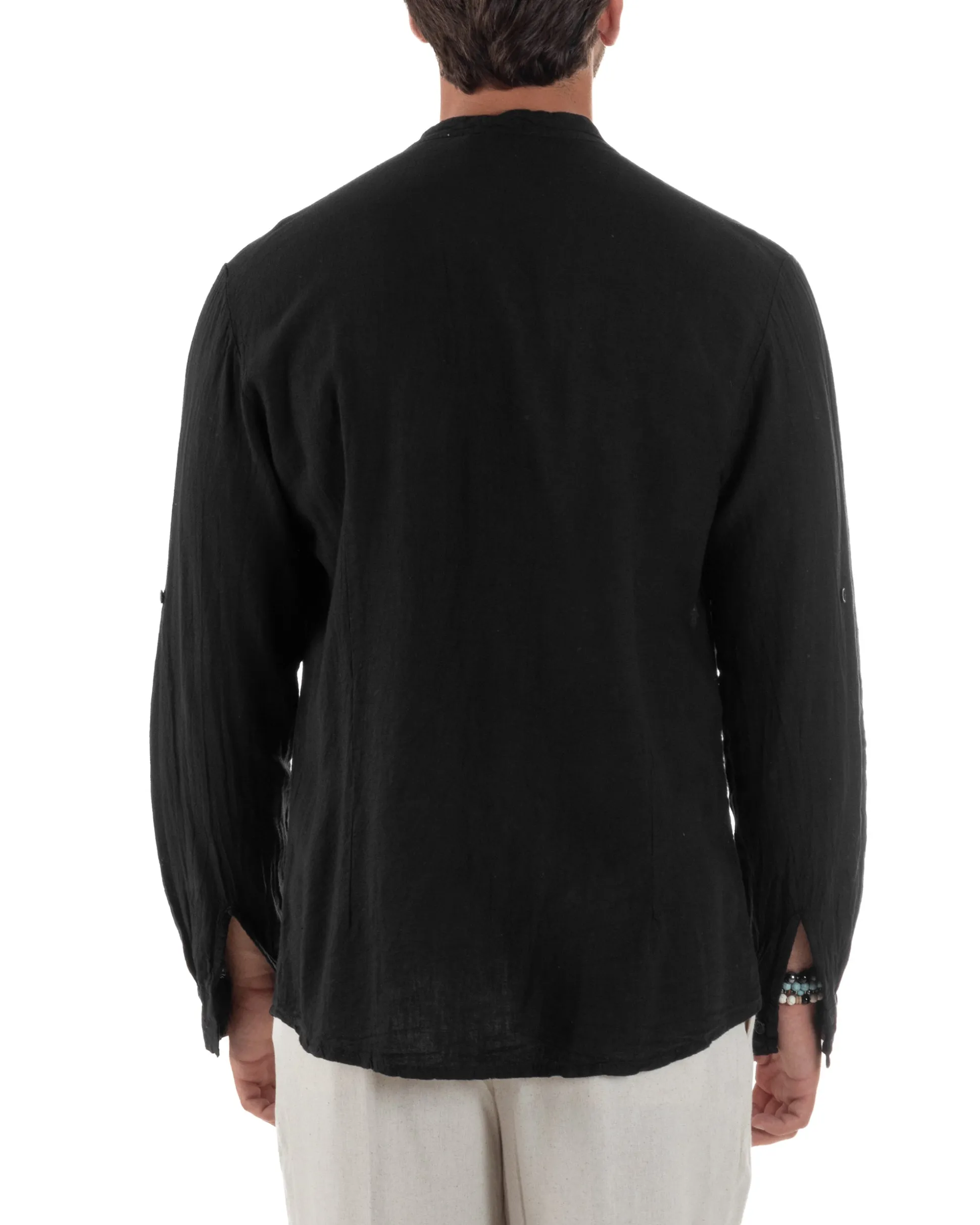 Camicia Lino Slim Fit Collo Coreano Nero C3048A