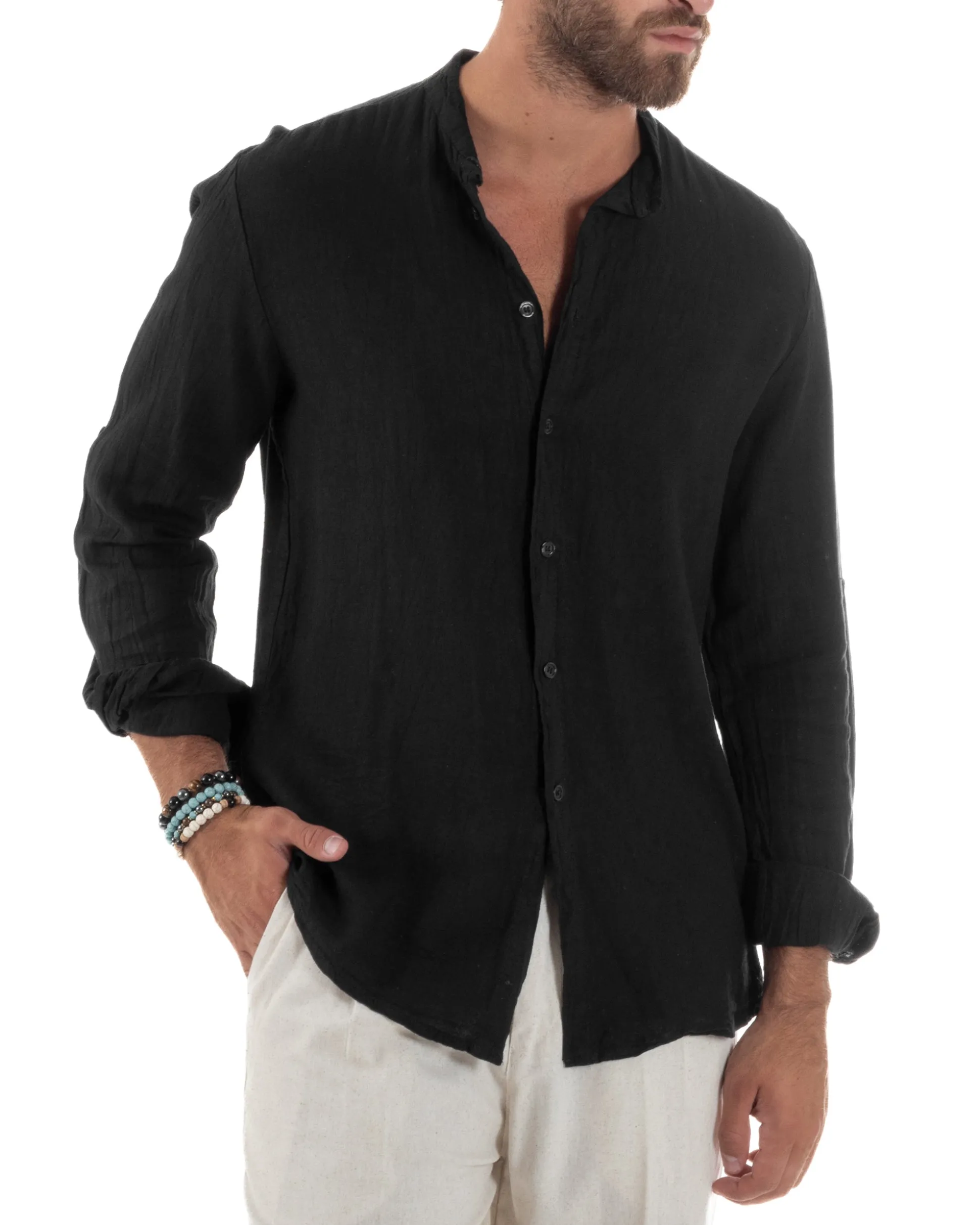 Camicia Lino Slim Fit Collo Coreano Nero C3048A