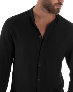 Camicia Lino Slim Fit Collo Coreano Nero C3048A