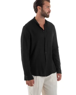 Camicia Lino Slim Fit Collo Coreano Nero C3048A