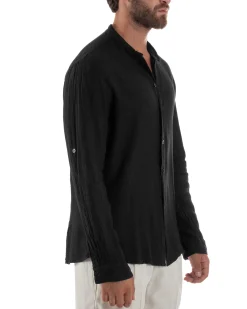 Camicia Lino Slim Fit Collo Coreano Nero C3048A