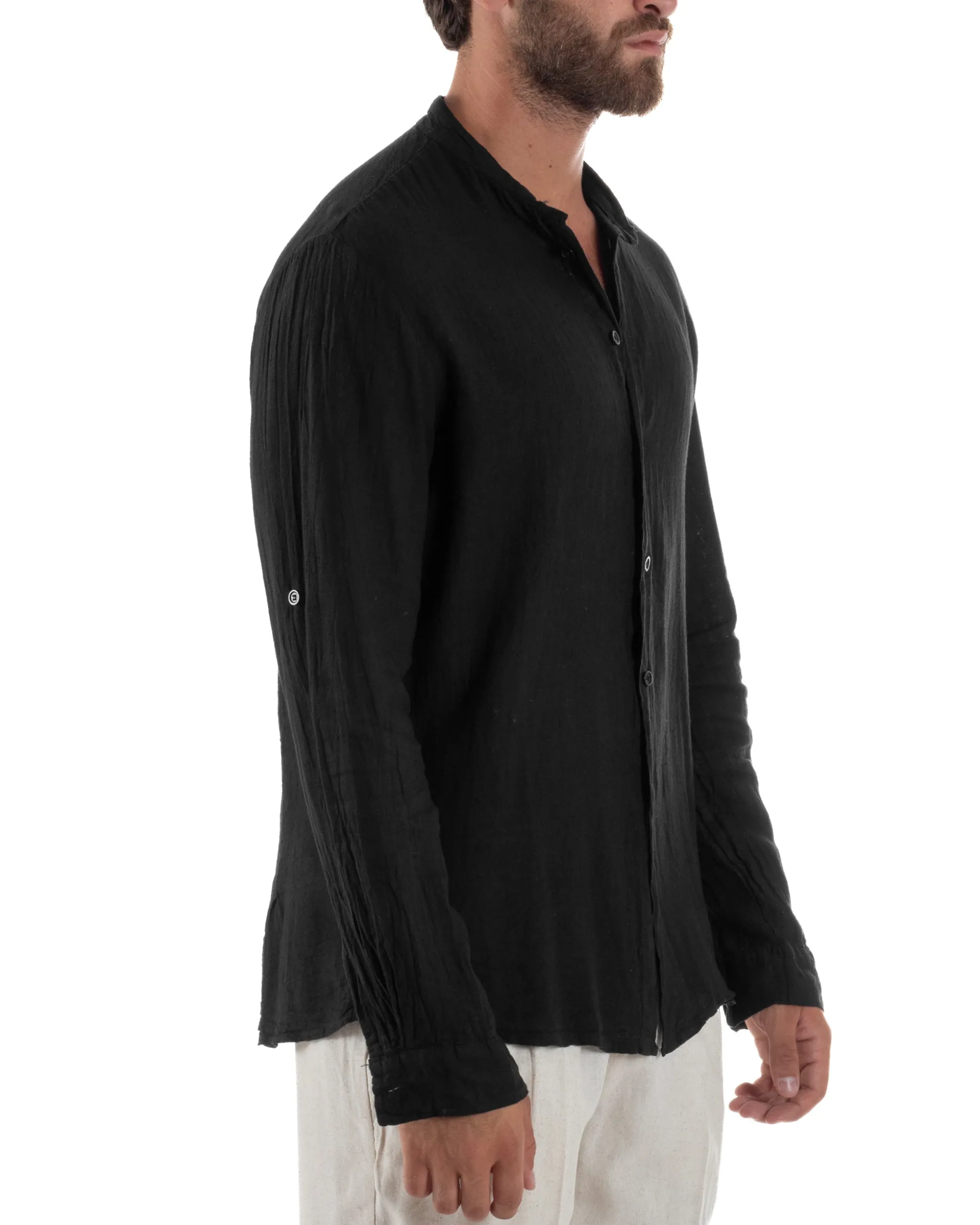 Camicia Lino Slim Fit Collo Coreano Nero C3048A
