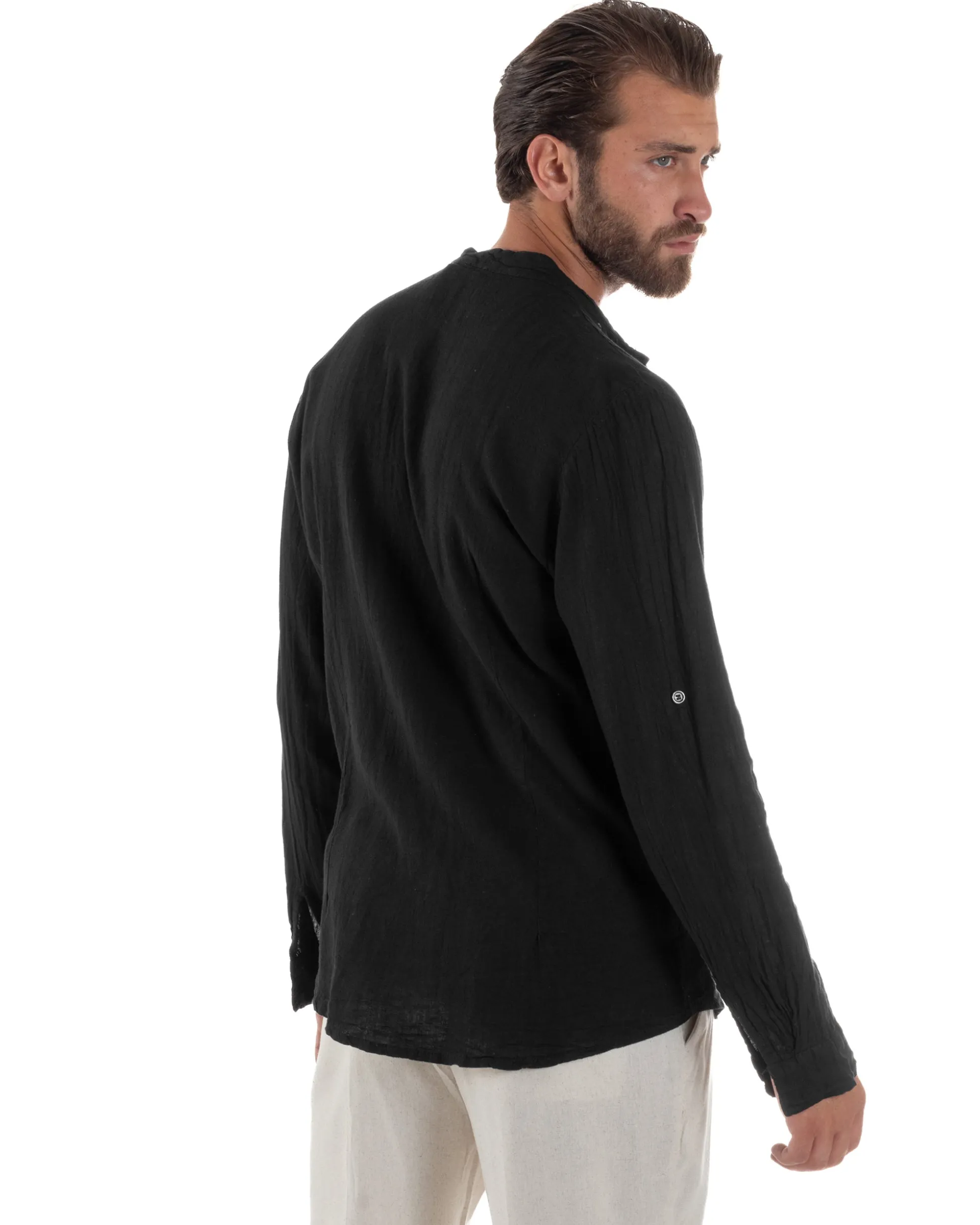Camicia Lino Slim Fit Collo Coreano Nero C3048A