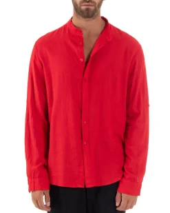 Camicia Lino Slim Fit Collo Coreano Rosso C3042A
